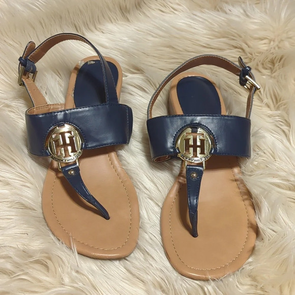 Tommy Hilfiger Shoes - Tommy Hilfiger Leather Gold Logo Navy Nautical Thong Sandal 10M